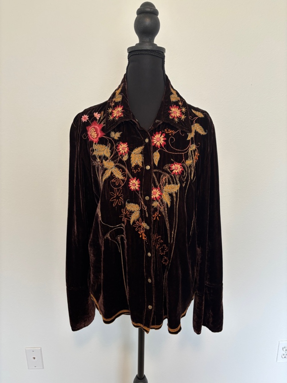 Johnny Was Velvet Embroidered Floral Button-Up Blouse